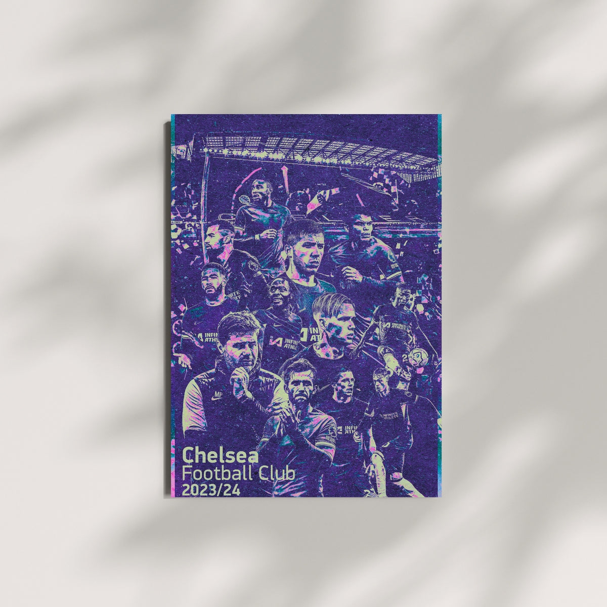 Chelsea 2023/24 squad wall art featuring players in a purple and blue football poster design