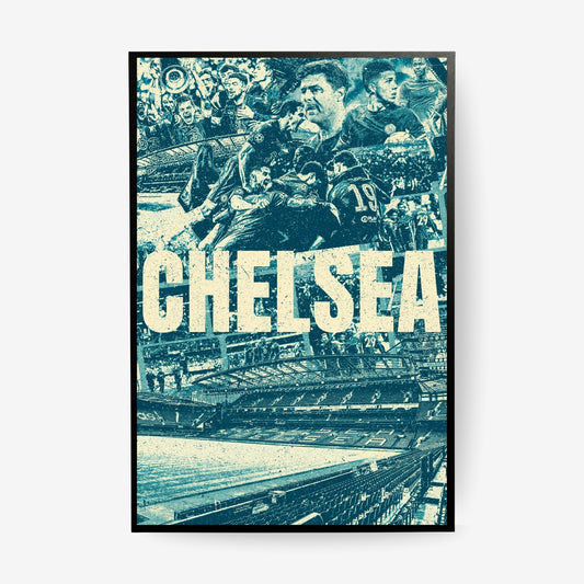 Chelsea football poster in a black frame featuring Stamford Bridge, players, celebrations and bold Chelsea typography