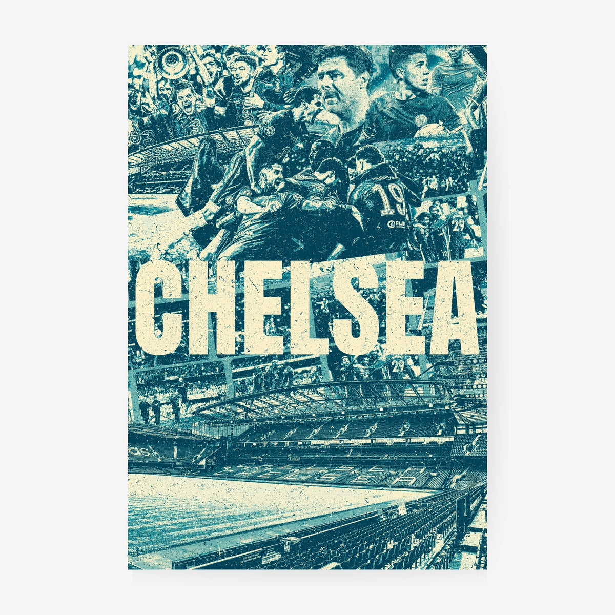 Chelsea Stamford Bridge poster featuring players, iconic celebrations and vintage blue football artwork