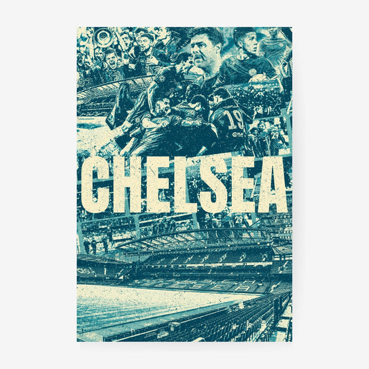 Chelsea Stamford Bridge poster featuring players, iconic celebrations and vintage blue football artwork
