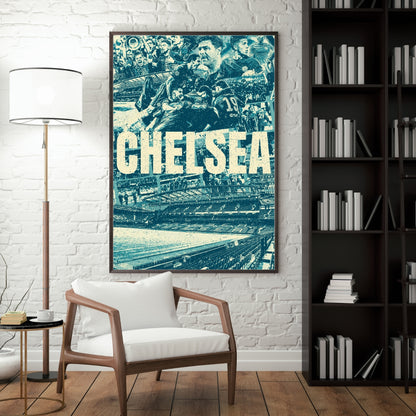 Chelsea Stamford Bridge football poster displayed in a modern interior with vintage blue wall art
