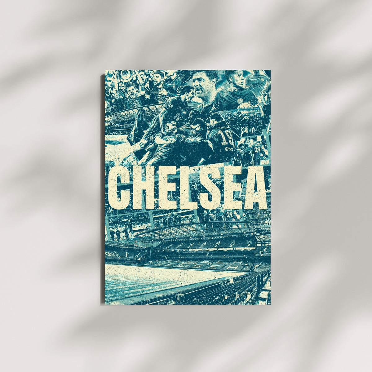 Chelsea Stamford Bridge wall art featuring players, stadium imagery and bold vintage football collage design