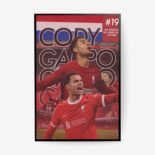 Cody Gakpo football poster in a black frame featuring the Liverpool forward