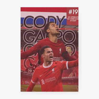 Cody Gakpo football poster featuring the Liverpool forward in a red kit
