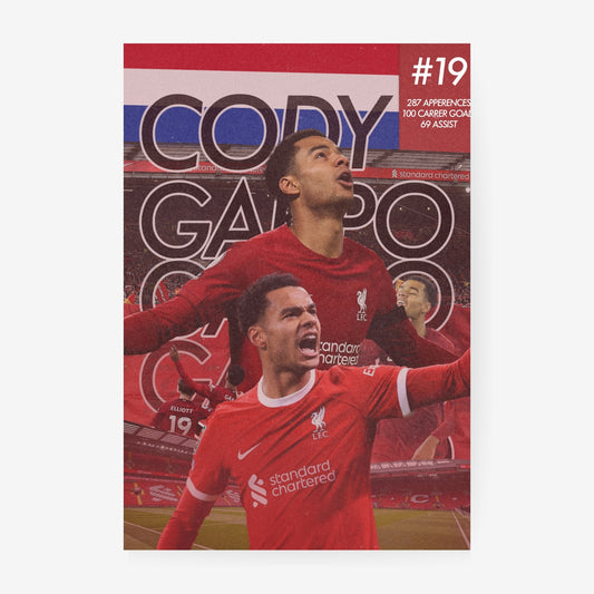 Cody Gakpo football poster featuring the Liverpool forward in a red kit