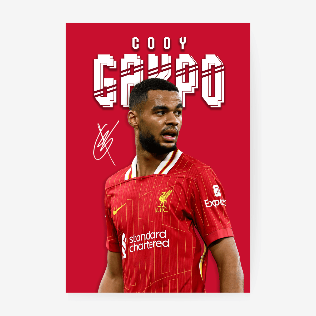 Soccer player in a red jersey with visible branding on a red background