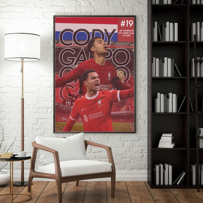 Cody Gakpo football poster displayed in a modern interior with a dark frame