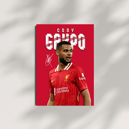 Soccer player in a red jersey with 'Cody Grupe' text on a red background