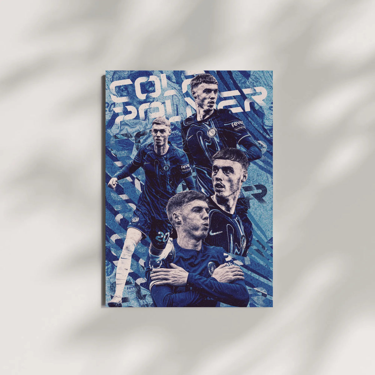 Stylized football art print of Cole Palmer in Chelsea kit with bold textures.