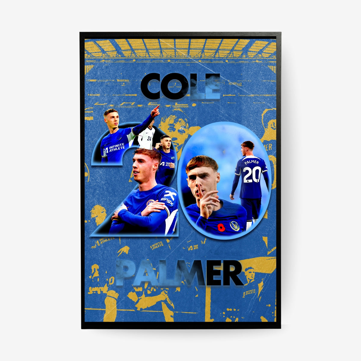 Cole Palmer poster featuring a Chelsea football collage in a black and blue design with frame
