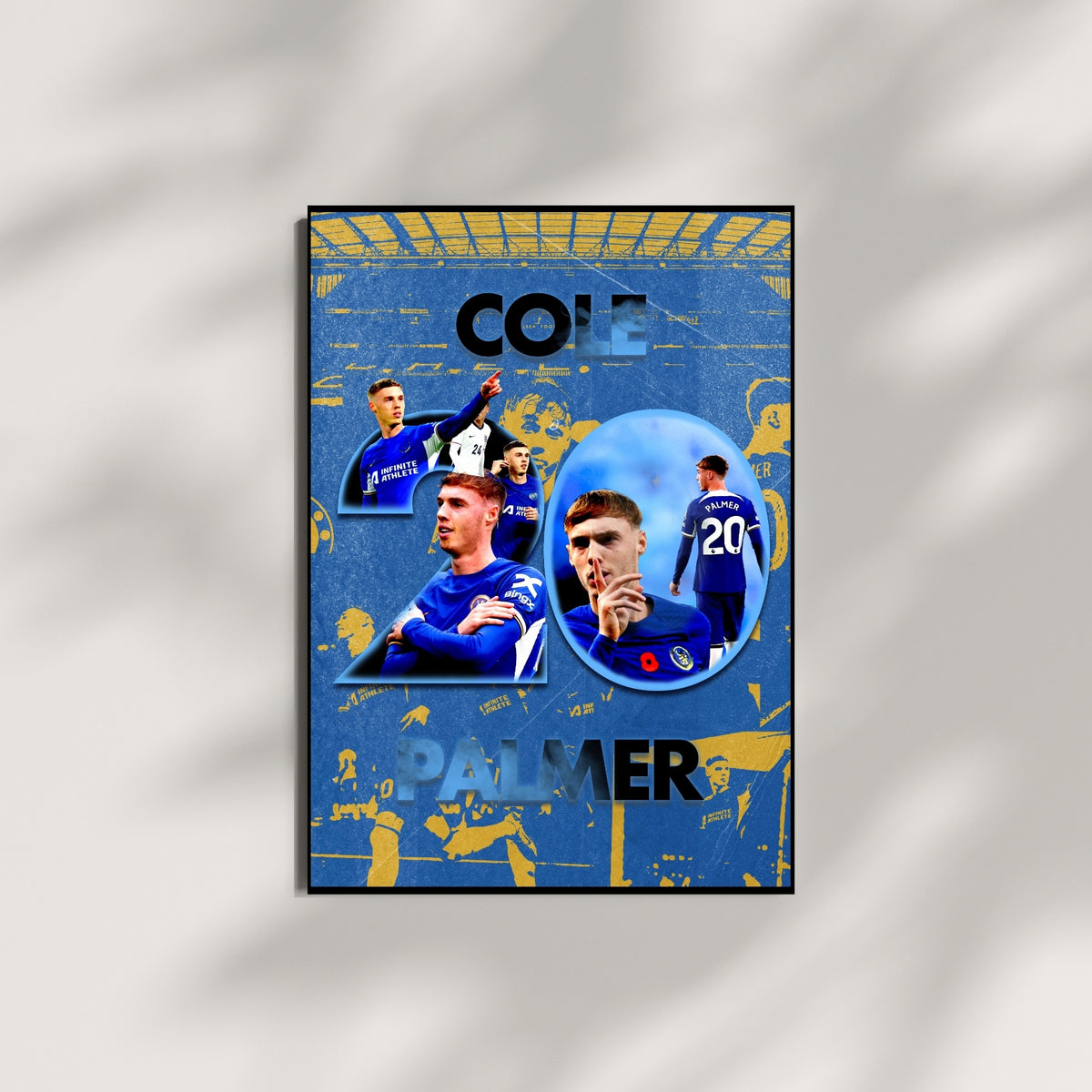Cole Palmer Chelsea poster in a black and blue design displayed as framed wall art