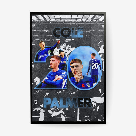 Cole Palmer poster featuring the Chelsea footballer in a blue and gold design with black frame