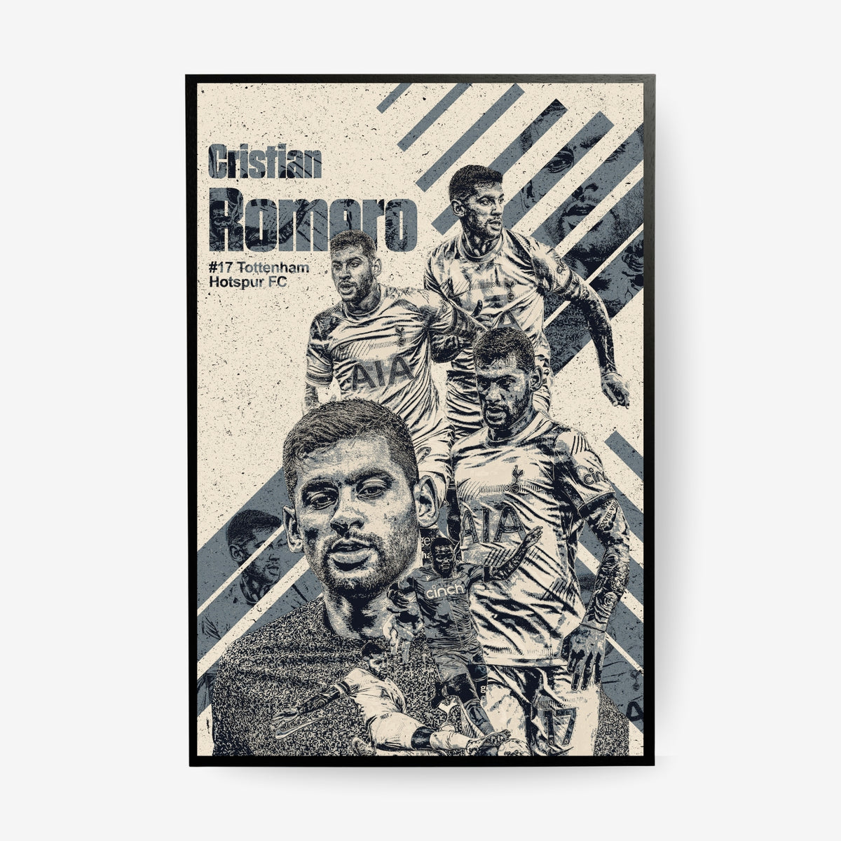 Cristian Romero Tottenham Hotspur poster in a black frame featuring a vintage football collage