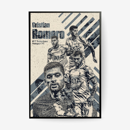 Cristian Romero Tottenham Hotspur poster in a black frame featuring a vintage football collage