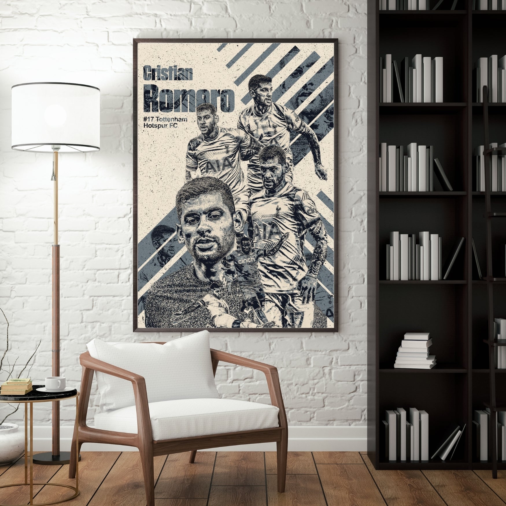 Cristian Romero Tottenham Hotspur poster displayed in a modern interior with a dark frame