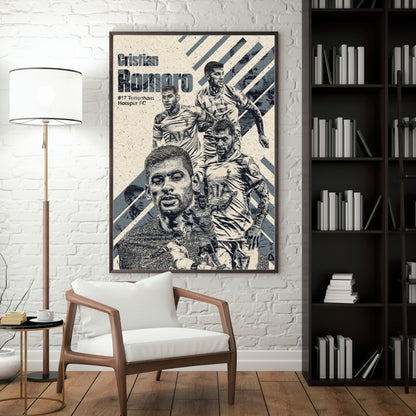 Cristian Romero Tottenham Hotspur poster displayed in a modern interior with a dark frame