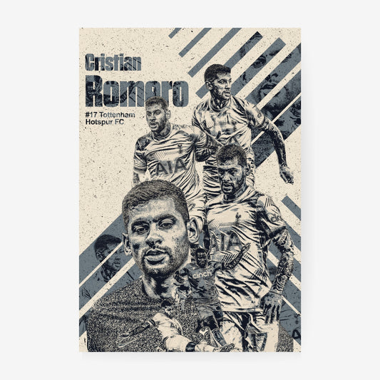 Cristian Romero Tottenham Hotspur poster featuring a vintage cream and navy football collage