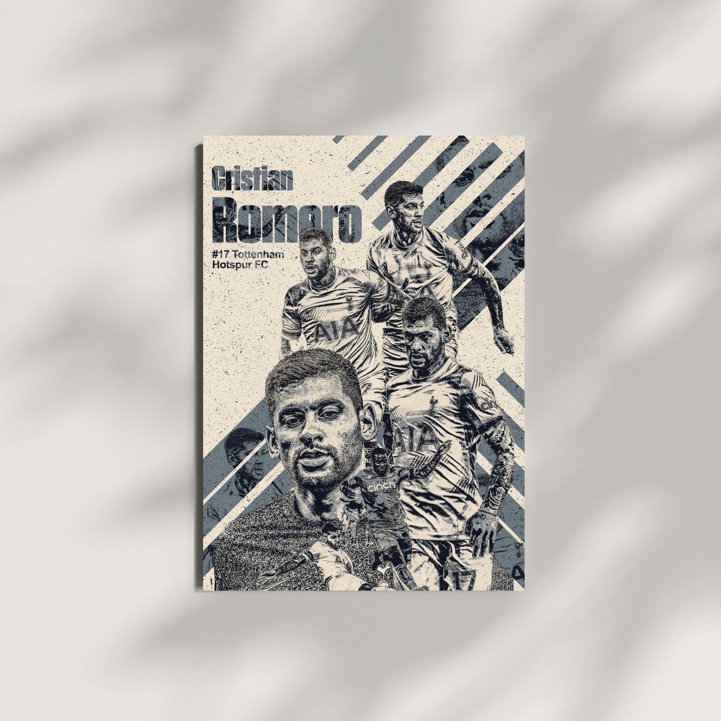 Cristian Romero Tottenham Hotspur wall art displayed against a minimalist wall