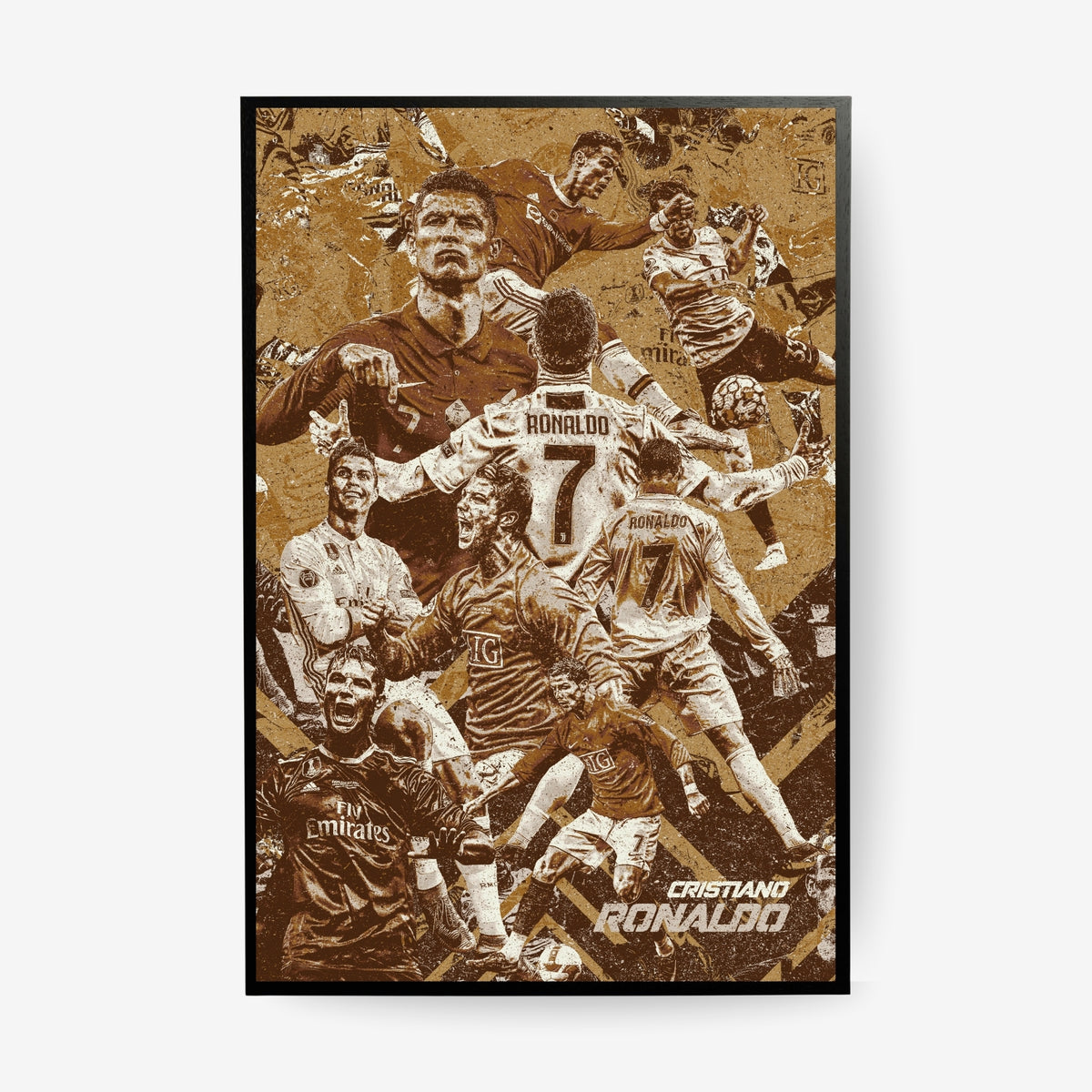 Cristiano Ronaldo football poster in a black frame featuring iconic moments from his career in a vintage brown collage design