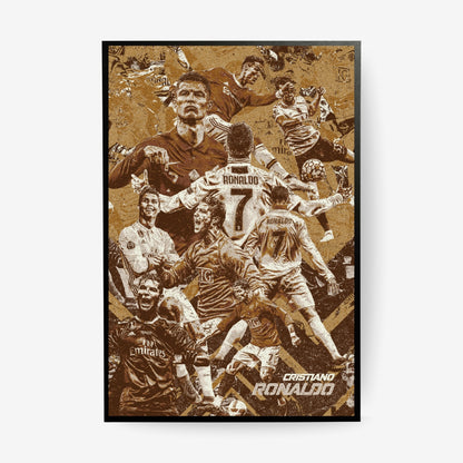 Cristiano Ronaldo football poster in a black frame featuring iconic moments from his career in a vintage brown collage design