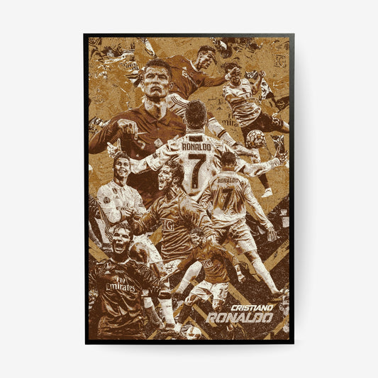 Cristiano Ronaldo football poster in a black frame featuring iconic moments from his career in a vintage brown collage design
