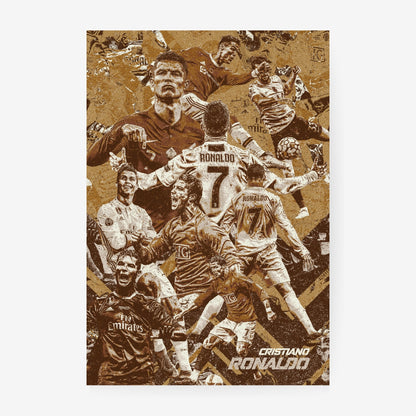 Cristiano Ronaldo football poster featuring iconic moments from his Manchester United, Real Madrid and Juventus career in a vintage collage design
