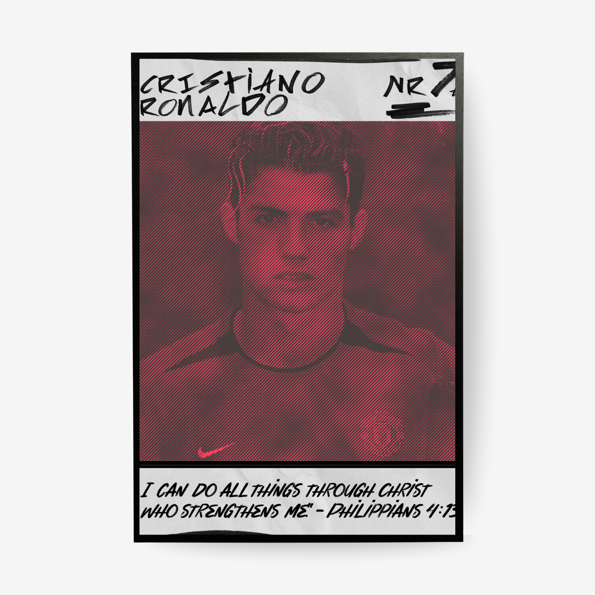 Cristiano Ronaldo football poster in a black frame featuring a red and black Portugal inspired design