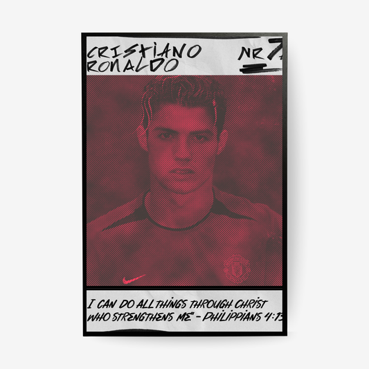 Cristiano Ronaldo football poster in a black frame featuring a red and black Portugal inspired design