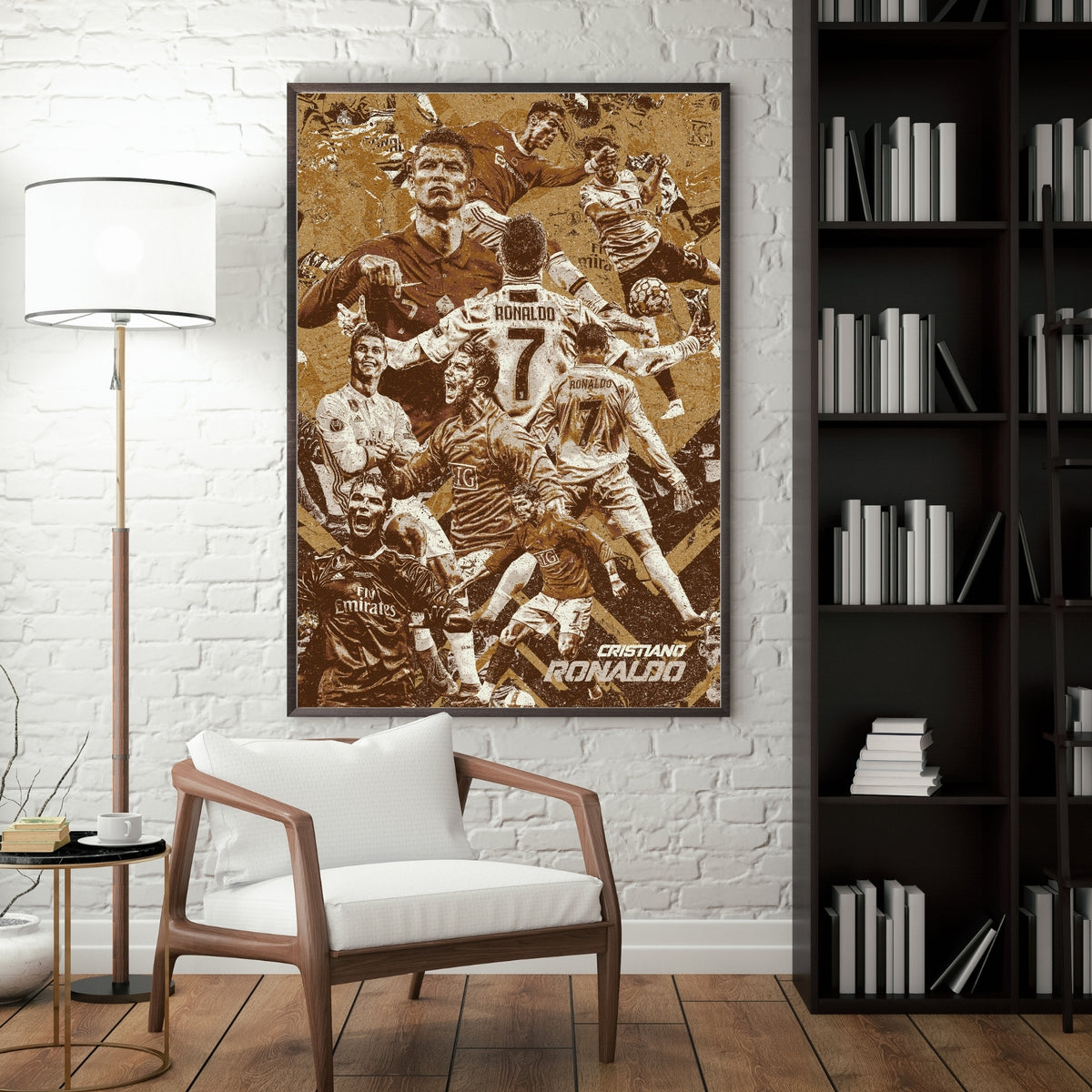 Cristiano Ronaldo football poster displayed in a modern interior featuring a vintage brown collage of his legendary career