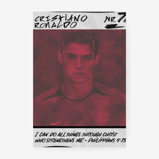 Cristiano Ronaldo football poster featuring a red and black design with Philippians 4:13 quote