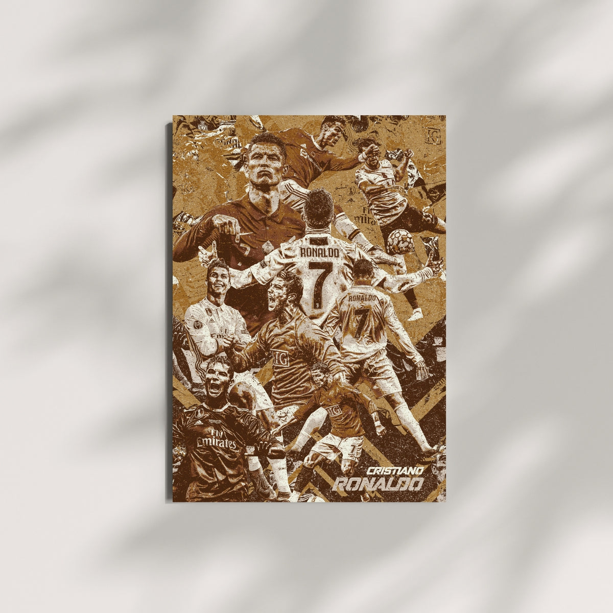 Cristiano Ronaldo football wall art featuring a vintage collage of iconic moments from his legendary career