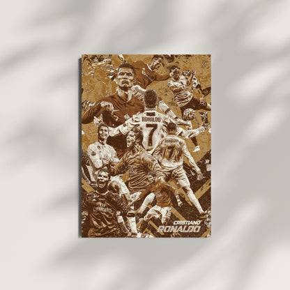 Cristiano Ronaldo football wall art featuring a vintage collage of iconic moments from his legendary career