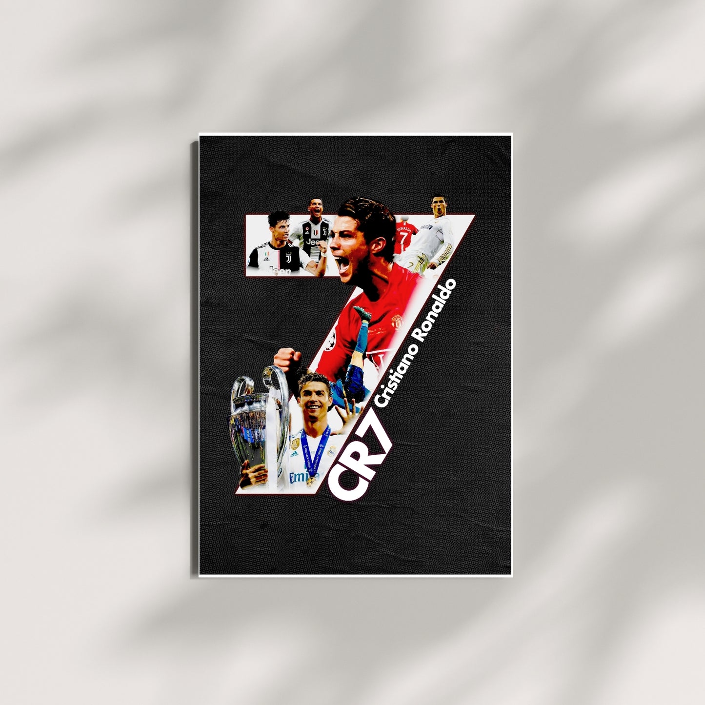 Cristiano Ronaldo football poster in a black CR7 collage design displayed as wall art