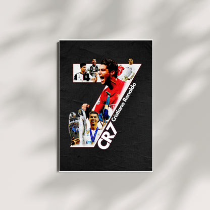 Cristiano Ronaldo football poster in a black CR7 collage design displayed as wall art