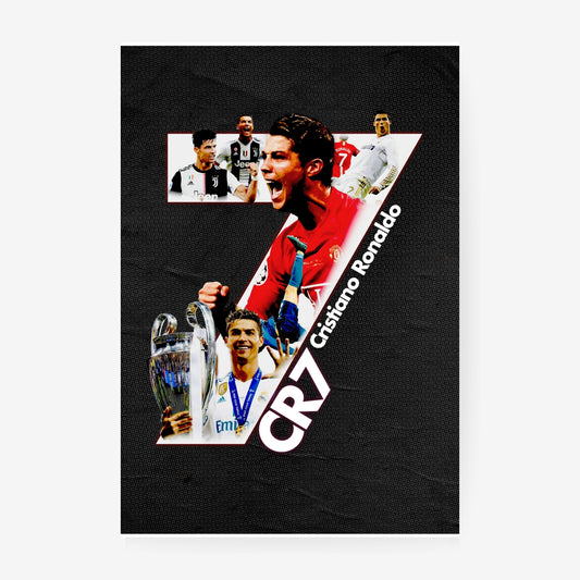 Cristiano Ronaldo poster featuring a collage of iconic Manchester United, Real Madrid and Juventus football moments