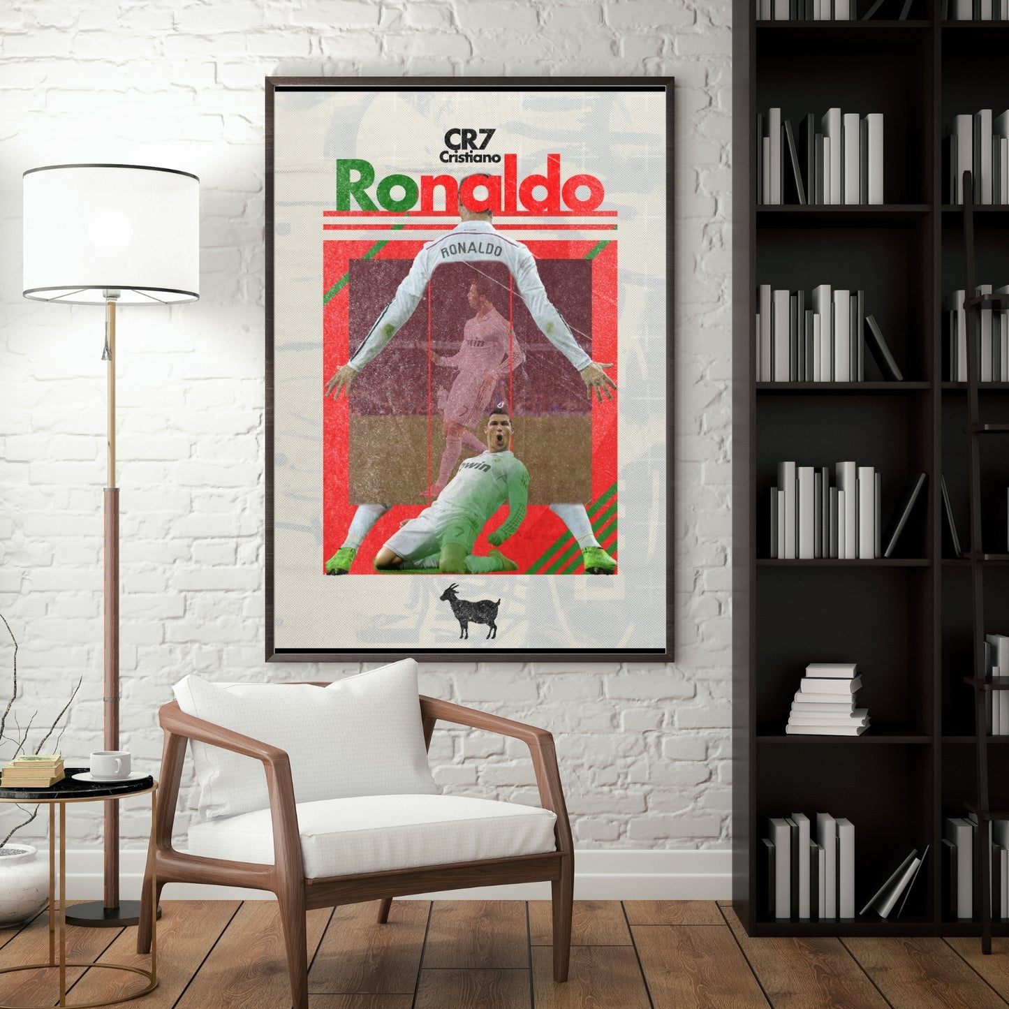 Cristiano Ronaldo football poster displayed in a modern interior with a dark frame