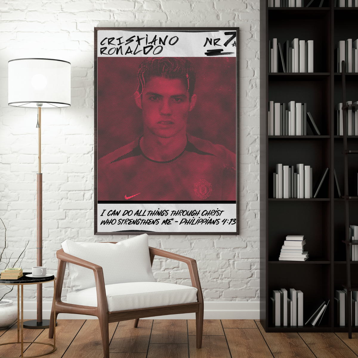Cristiano Ronaldo football poster displayed in a modern interior with a dark frame