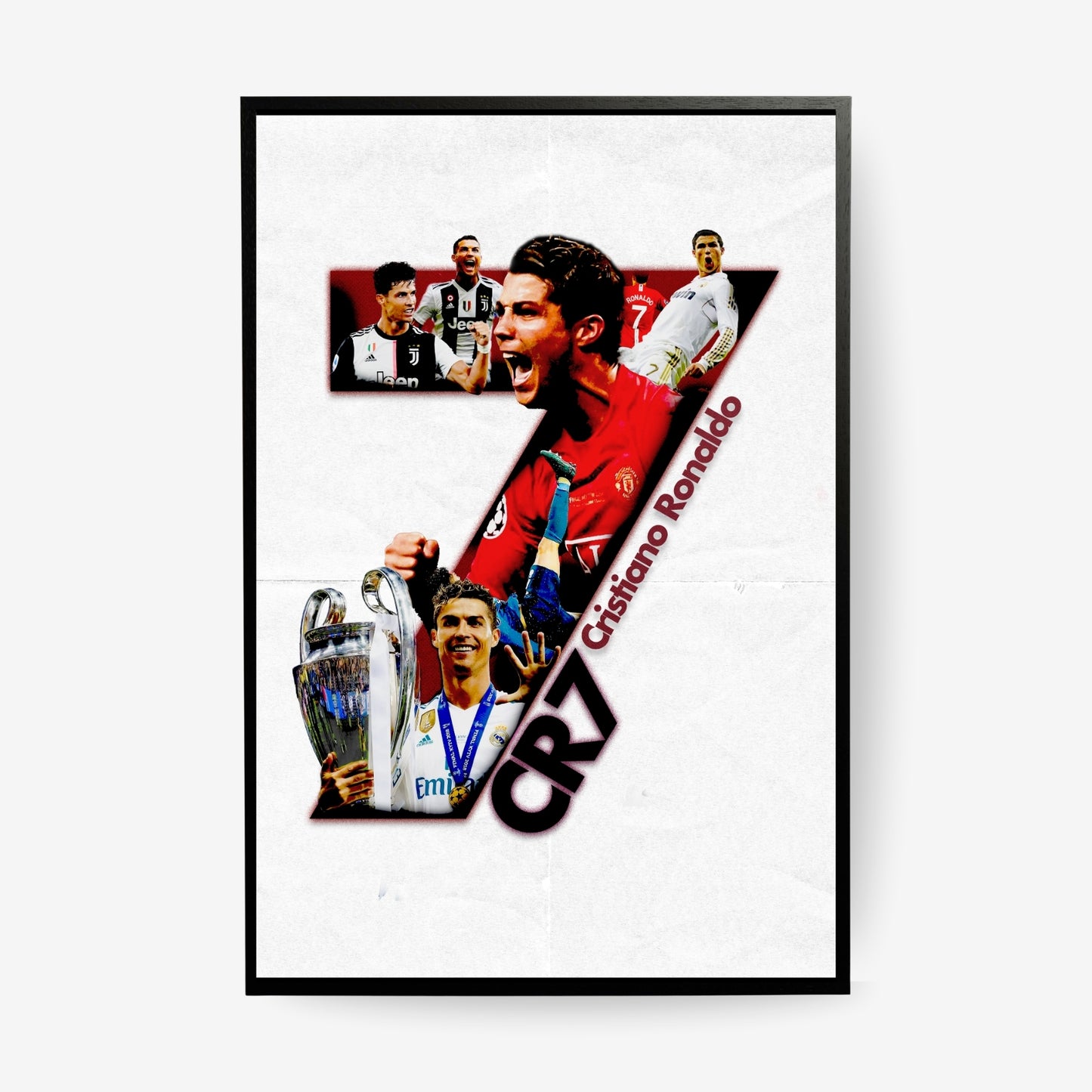 Cristiano Ronaldo poster featuring Manchester United, Real Madrid and Juventus career moments on a white background with black frame