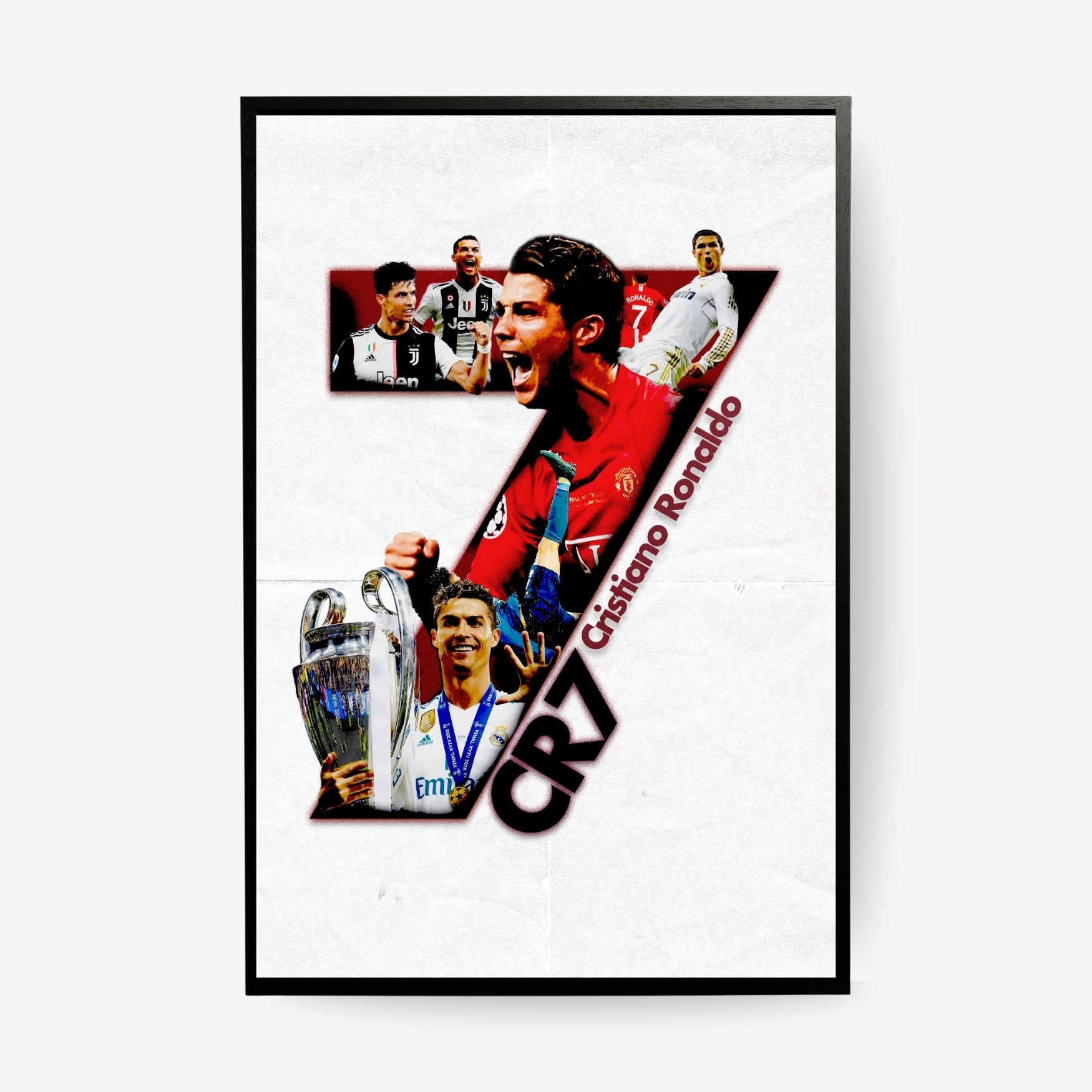 Cristiano Ronaldo poster featuring Manchester United, Real Madrid and Juventus career moments on a white background with black frame