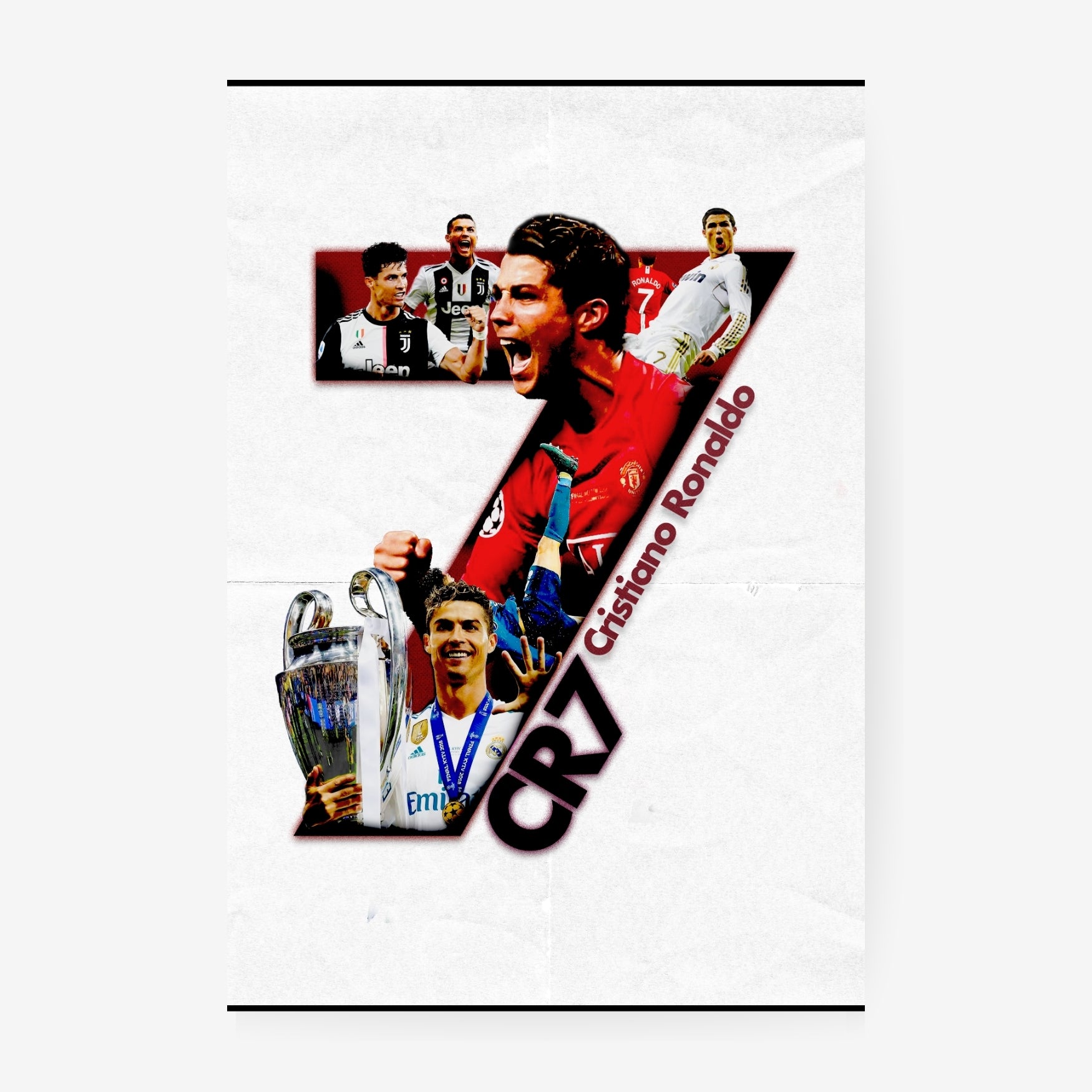 Cristiano Ronaldo poster featuring iconic Manchester United, Real Madrid and Juventus football moments on a white background
