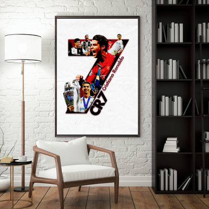 Cristiano Ronaldo poster in a white CR7 design displayed as framed football wall decor in a modern room