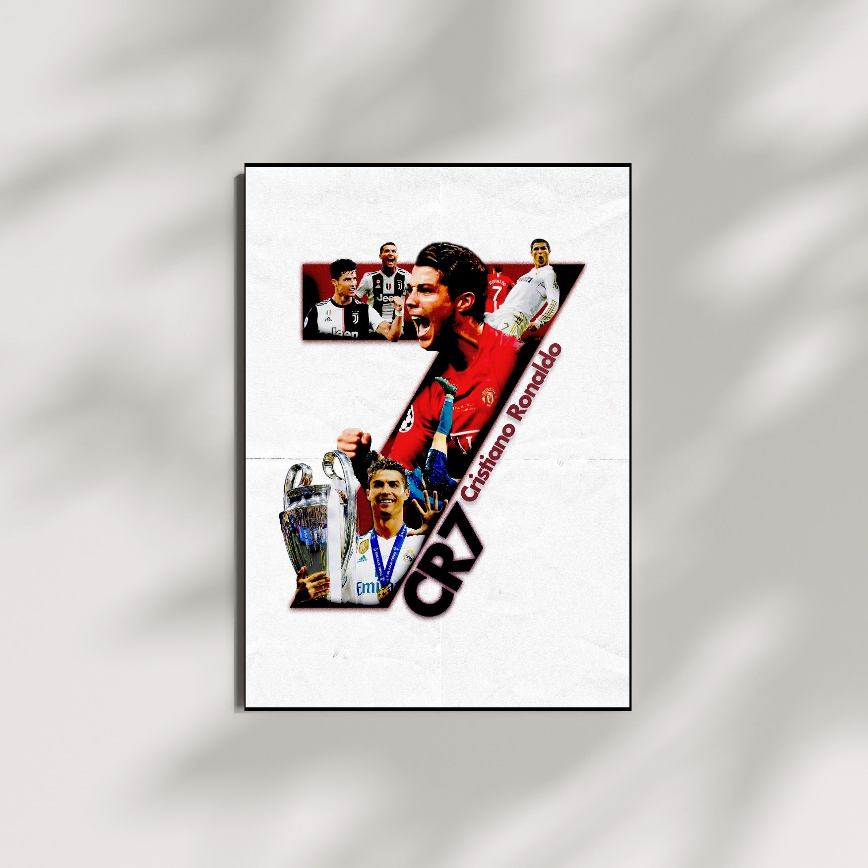Cristiano Ronaldo football poster in a white CR7 collage design displayed as wall art