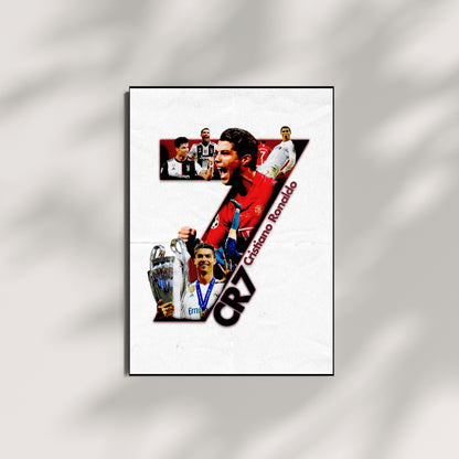 Cristiano Ronaldo football poster in a white CR7 collage design displayed as wall art
