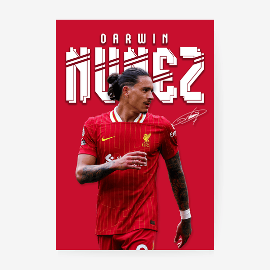 Darwin Núñez football poster artwork with red background