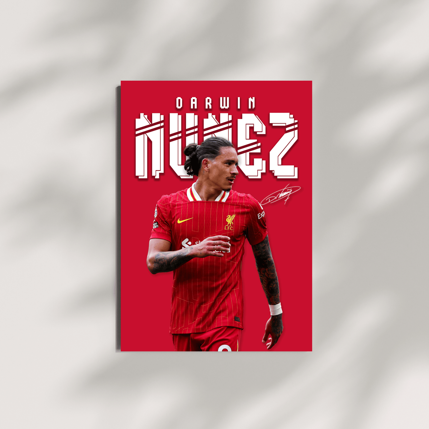 Darwin Núñez football poster shown on a minimal canvas wall mockup