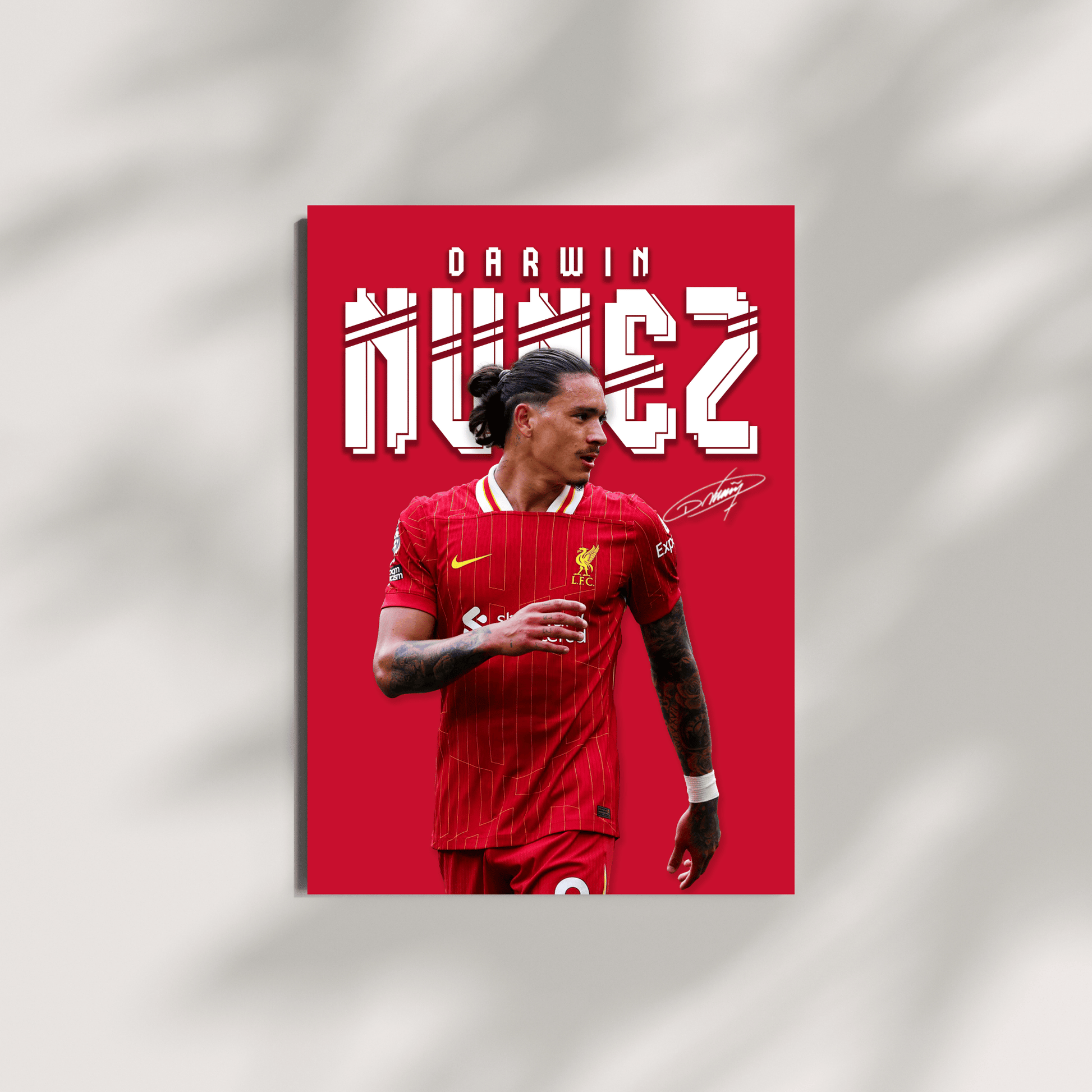 Darwin Núñez football poster shown on a minimal canvas wall mockup