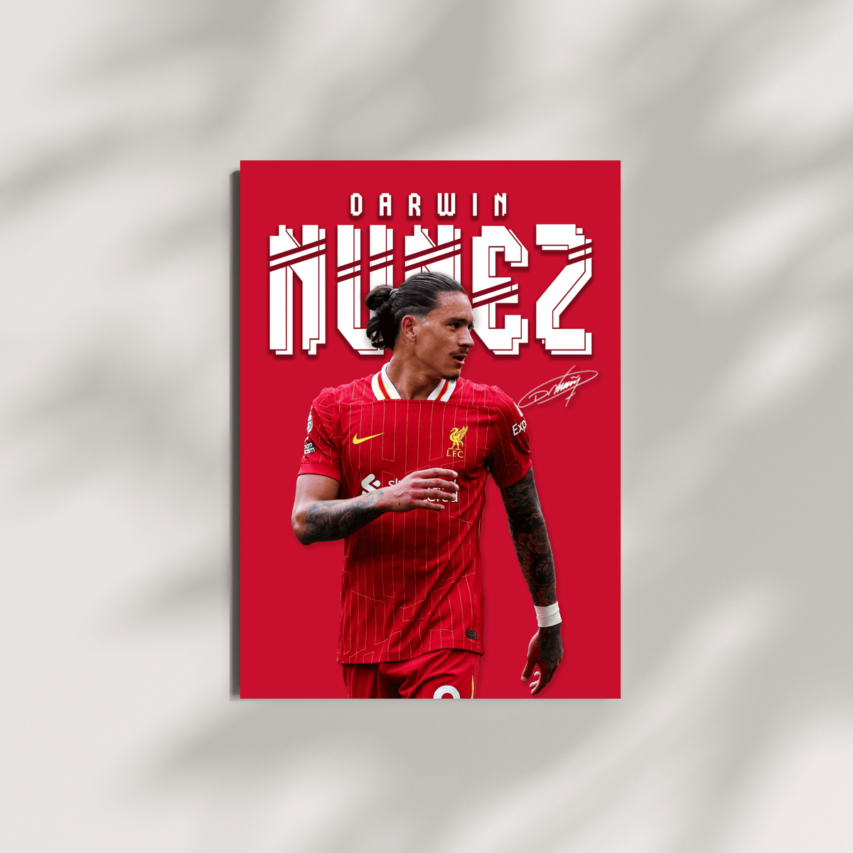 Darwin Núñez football poster shown on a minimal canvas wall mockup