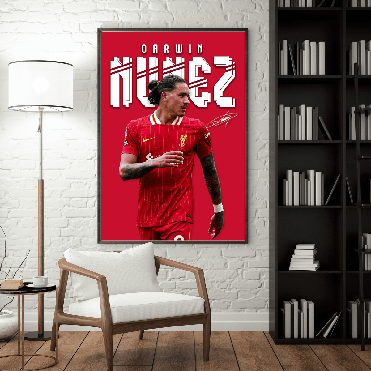 Framed Darwin Núñez football poster displayed in a modern living room