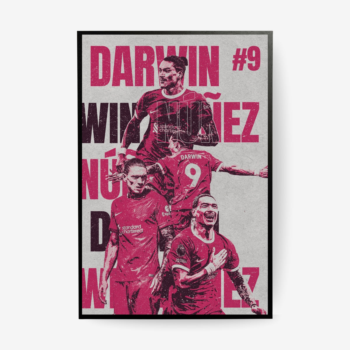 Darwin Núñez Liverpool poster in a black frame featuring a red vintage football collage