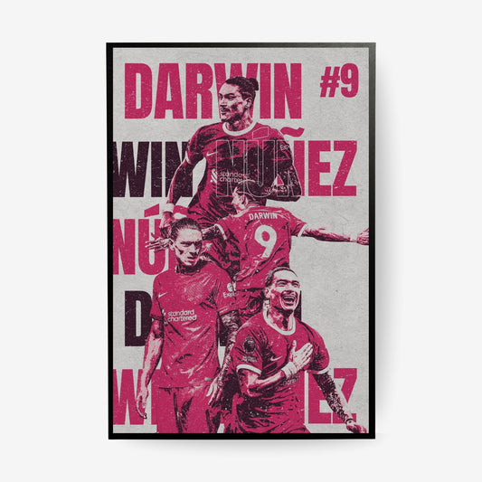 Darwin Núñez Liverpool poster in a black frame featuring a red vintage football collage